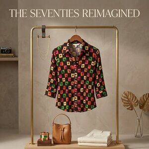 Belissimo Vtg colorful 3/4 sleeve semi sheer button down pleated Retro blouse M